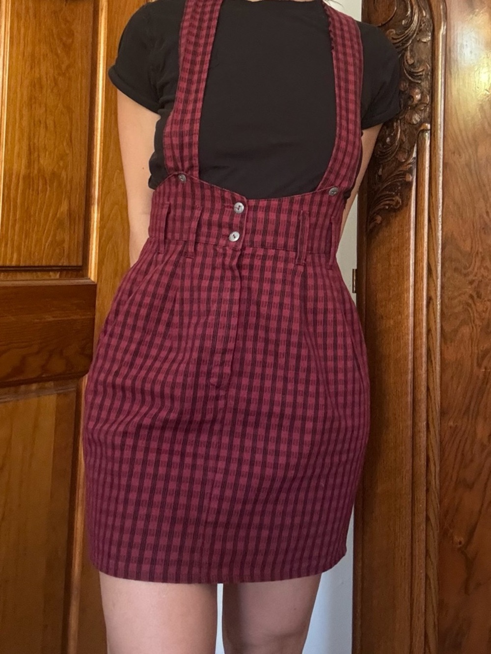 High-Waist Burgundy Plaid Pinafore Skirt